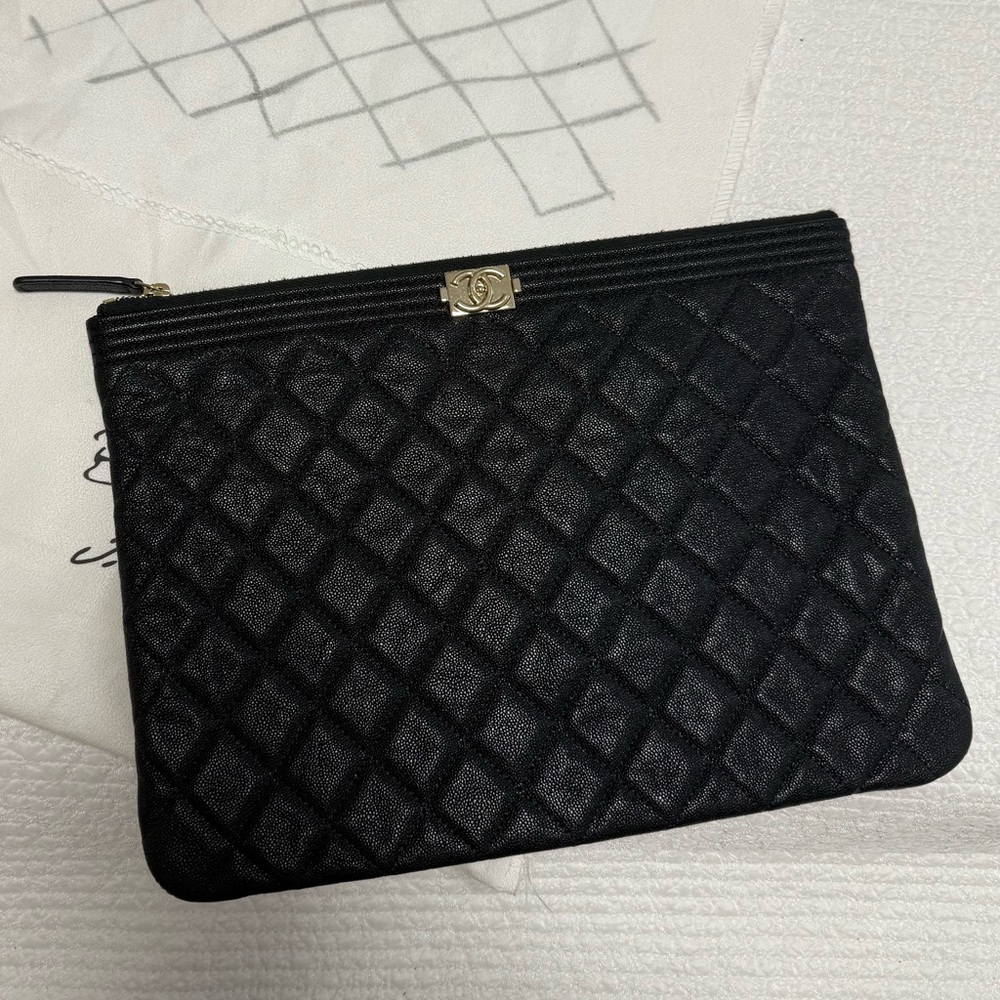 CHANEL Black Quilted Cavier Leather Boy Clutch [OS]